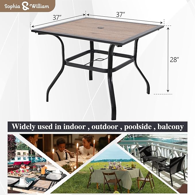 Sophia & William 37" Square Outdoor Dining Table with Umbrella Hole, Imitation of Wooden Surface Patio Dining Table for Lawn Garden, Sturdy Metal Steel Frame with Wood-Like Table top