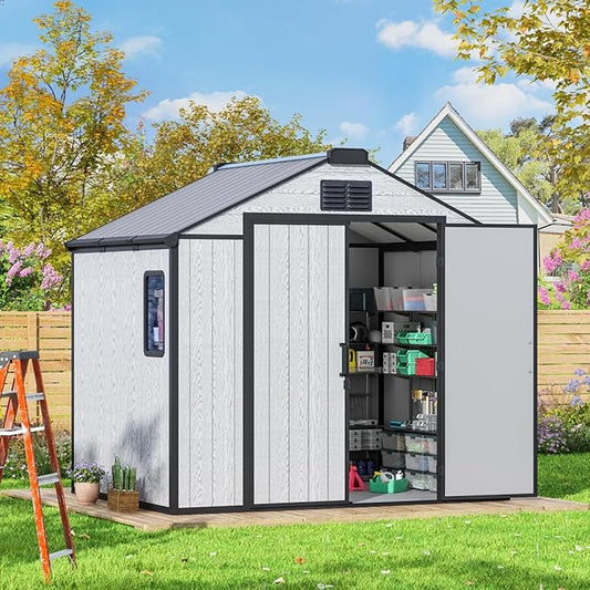 MELLCOM 8 x 6 FT Outdoor Plastic Garden Storage Shed with Floor, Resin Tool Storage Shed with Windows and Lockable Door for Patio, Lawnmower, Pool Supply, Bike