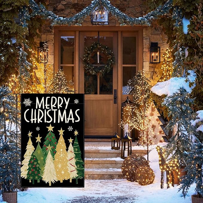 AVOIN colorlife Merry Christmas Garden Flag 12x18 Inch Double Sided Outside, Christmas Trees Winter Holiday Yard Outdoor Flag Black