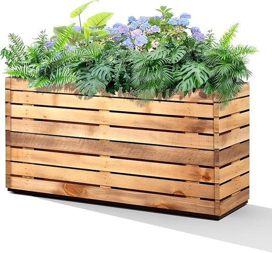 Metal Planter Box Rectangular Planter Box with Drainage Hole, Outdoor Large Planters, All-Weather Use, Rust-Resistance, for Flowers Plants, 32" L × 15" W × 16.3" H, Dark Walnut