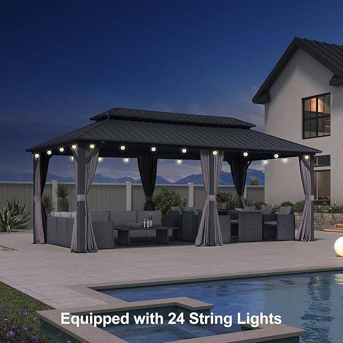 PURPLE LEAF 10'x20' Hardtop Gazebo with Lights Outdoor Pavilion Waterproof Double Roof Galvanized Steel for Patio and Garden Includes Netting and Curtains Grey