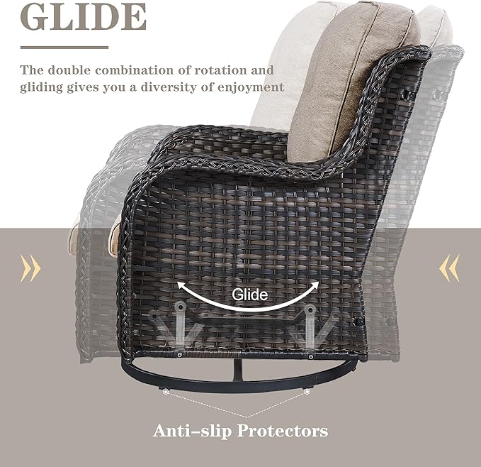 Belord Outdoor Patio Furniture Set with 50000BTU Propane Fire Pit Table, 4 Pieces Wicker Patio Conversation Set with 2 Swivel Rocker Glider Chairs Rattan Sofa Grey Cushion Perfect for Gathering