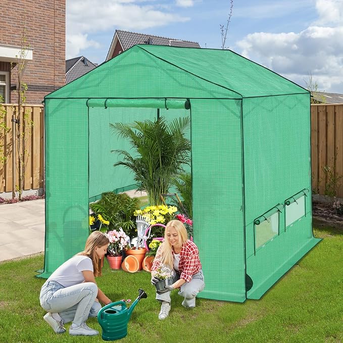 8x8 Pop Up Walk-in Greenhouse, Indoor & Outdoor PE Cover Green House with Power Access Ports, Roll-up Zippered Doors and Windows, Green