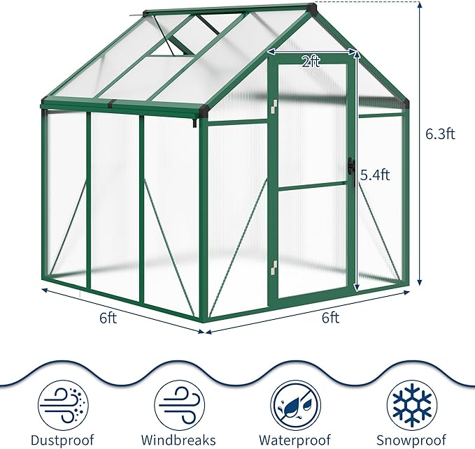 6x6 ft Greenhouse for Outdoors, Polycarbonate Greenhouse with Roof Vent, Ground Nails, Lockable Push Door, Aluminum Large Walk-in Green House for Outside Garden Backyard, Patio, Lawn, Green