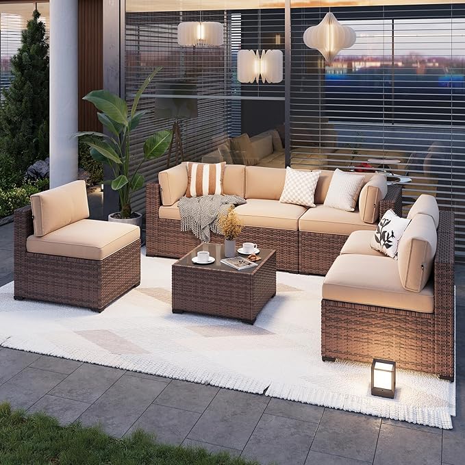 Aoxun Patio Furniture Sets, 7-Piece Outdoor Patio Furniture with Thick Cushions, Wicker Outdoor Conversation Set Sectional Sofa for Backyard, Poolside, Garden