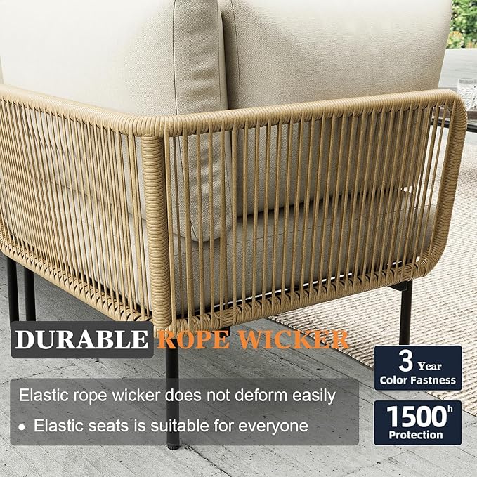 7 Piece Modern Outdoor Rope Wicker Sectional Patio L-Shaped Conversation Sofa Set Deep Seating with Thick Cushions
