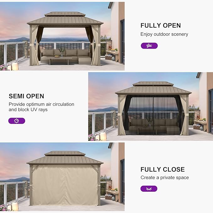 PURPLE LEAF 8' x 12' Outdoor Hardtop Gazebo, Champagne Aluminum Gazebo with Galvanized Steel Double Roof, Curtains and Netting for Patio Lawn and Garden