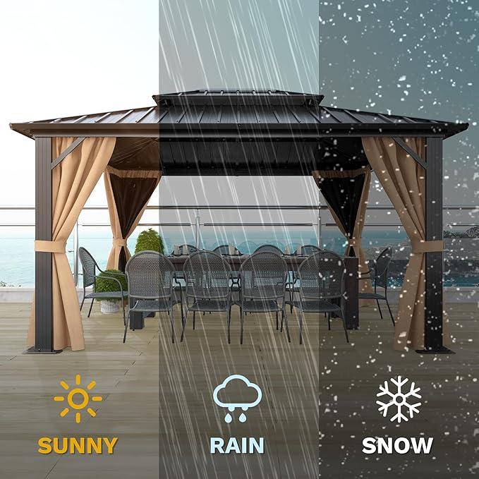 DWVO 10x12ft Hardtop Gazebo Double Roof Gazebo with Nettings and Curtains, Heavy Duty Galvanized Steel Outdoor Vertical Stripes Roof for Patio, Backyard, Deck, Lawns, Brown