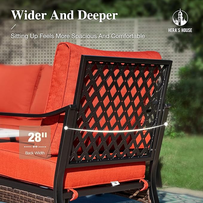 HERA'S HOUSE 6 Piece Metal Patio Furniture Set with 56" Fire Pit Table, All Weather Outdoor Conversation Set, 3 Seat Sofa, 4 Fixed Chairs with Cushions, Seats 7 for Backyard, Garden, Deck,Red