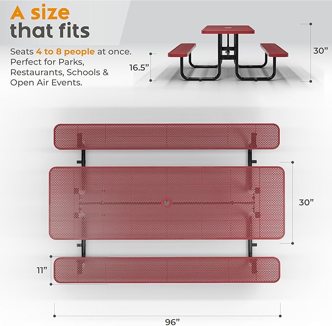 OUTTANS Commercial Heavy-Duty Metal Picnic Table - ADA Compliant, Adjustable Seats, Umbrella Hole (Red, 8' Rectangular, Punched Steel)