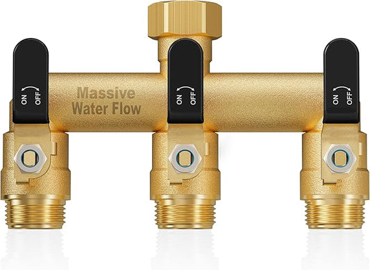 3 Way Hose Splitter, Heavy Duty Full Flow Garden Water Hose Bib Spigot Splitter, Brass Rust and Freeze Resistant Outdoor Faucet Splitter, T Adapter Connector with 3/4 - Inch GHT Thread （Black）