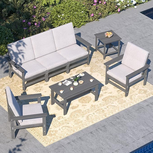 7-Piece HDPE Patio Furniture Set, All-Weather Outdoor Sectional Sofa Set w/Coffee Table+Side Table - Wood-Like Composite Conversation Couch for Deck, Lawn, Balcony - Grey Frame with Cushion