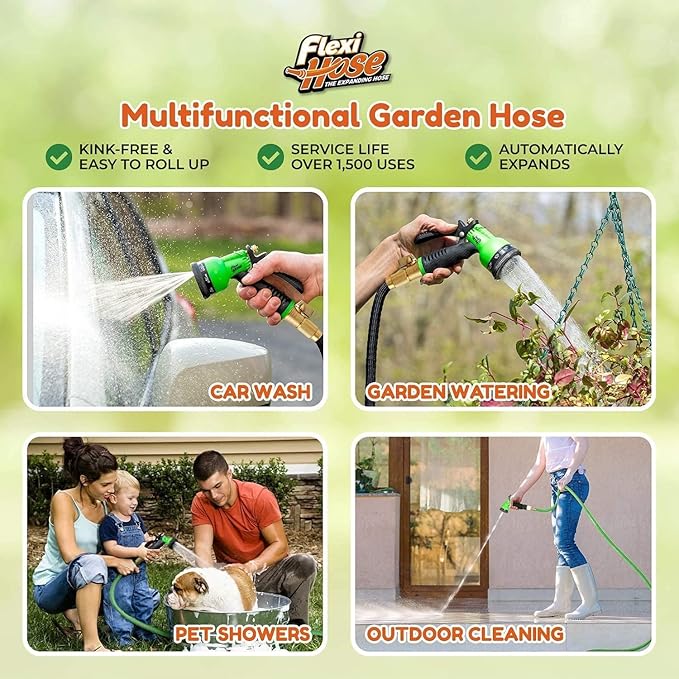Flexi Hose Expandable Garden Hose with 8 Function Nozzle, 150FT - Lightweight Retractable Garden Hose, Water Hose - No-Kink Flexibility, 3/4 Inch Solid Brass Fittings and Double Latex Core