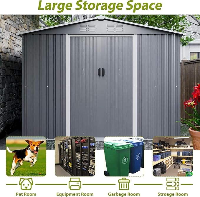 8X6 FT Outdoor Storage Shed with Roof,Waterproof House Tool Cabinet W/Metal Foundation & Lockable Doors,for Shovels,Umbrellas,Antennas,Escalators,Gray