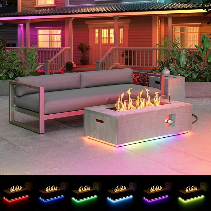42 inch Propane Fire Pit Table, 2 in 1 Outdoor Fire Pit with 20lb Tank Cover, Outside Patio Deck Garden, LED Gas Fireplace Table with Lid and Stone, 50,000 BTU Adjustable Flame, Light Grey