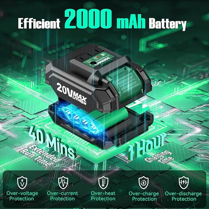 K I M O. Cordless Leaf Blower and Vacuum Combo 4 In 1, 3 Nozzles for Inflation and Deflation, 190MPH/260CFM, Smart Panel with 3 Modes, 20" Extended Tube, 2000mAh Battery Cordless Blowers for Lawn Care