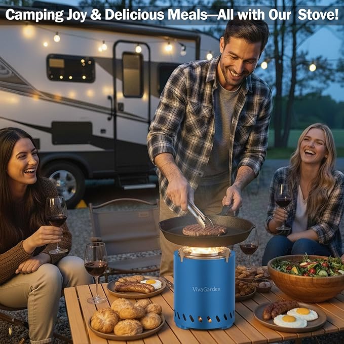 Smokeless Tabletop Fire Pit, VivaGarden Portable Outdoor Fire Pit for Camping, Patio, Backyard, Wood and Pellets Burning Camping Stove with Carry Bag, Forks, Mat and Pot Stand (9.7x7.1 Inch, Blue)