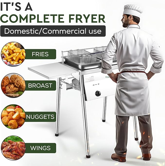 HOMIRA Stainless Steel Two-Tank Propane Deep Fryer with Thermometer, 2 Stainless Steel Baskets and Lids Fish Fryer with Adjustable Temperature Regulator, Outdoor Dual Fryer for Frying