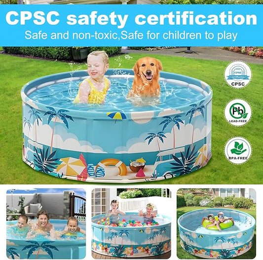 Foldable Swimming Pool for Kids 63"x18" Hard Plastic Portable Dog Pool Anti-Slip Collapsible Pets Bathtub Kiddie Pool Indoor Outdoor Backyard (Beach Party 63'')
