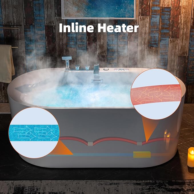 WOODBRIDGE 59" x 31-1/2" Whirlpool Water Jetted and Air Bubble Freestanding Heated Soaking Combination Bathtub with Faucet,BJ-100+F0041