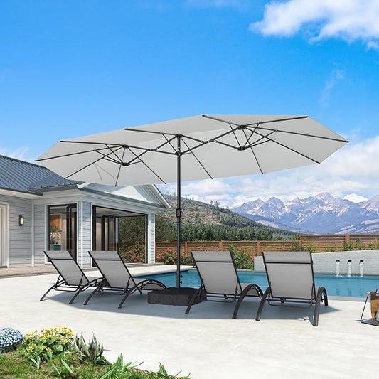 PURPLE LEAF 15ft Patio Market Umbrella with Base Double-Sided Rectangle Outdoor Table Sun Umbrellas with Crank 12 Heavy Duty Sturdy Ribs for Pool Beach Deck Backyard Cream