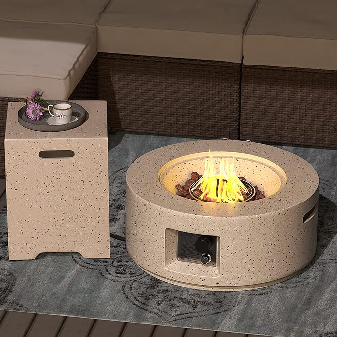 SUNBURY Outdoor 28 Inch Propane Fire Pit Table, Round Fire Table w Tank Table, 40,000 BTU Spotted White Patio Gas Fire Table Waterproof Cover, Lava Rocks