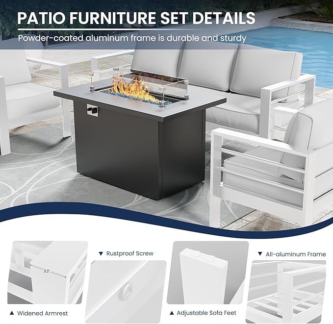 Amopatio Patio Furniture with Fire Pit, 6 Pcs Aluminum Outdoor Sectional Metal Patio Sofa Sets with Aluminum Fire Pit Table for Backyard,White(Included Waterproof Covers)
