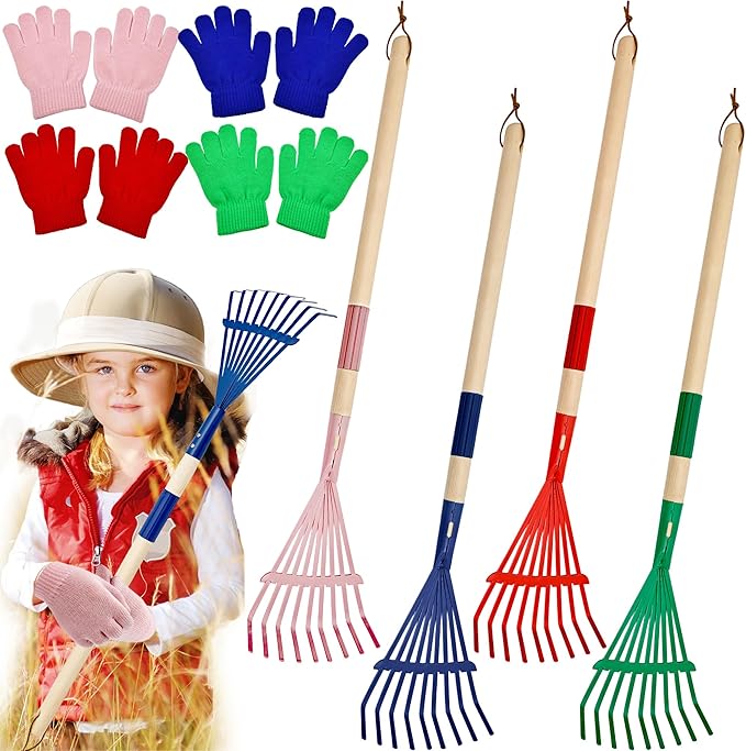 4 Set Kids Leaves Rakes with Hardwood Handle Metal Rakes Child Garden Lawn Rake with 4 Pairs Gloves for Garden Leaves Tools