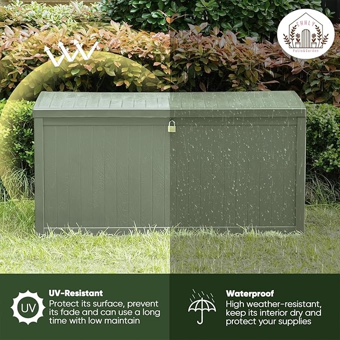 120 Gallon Outdoor Storage Box, Lockable Outside Storage Box Waterproof, Patio Cushions Deck Storage Boxes, Rattan Plastic Garden Hose Containers Resin Pool Storage Bins with lids, Sage Green