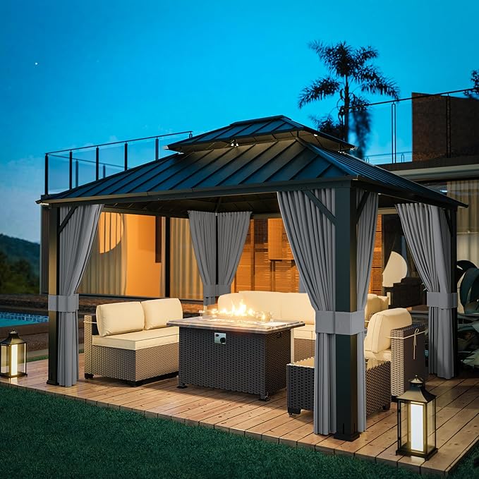 12x14ft Hardtop Gazebo Double Roof, Outdoor Pavilion with 2-Layer Hard top Galvanized Iron Frame Garden Tent, Suitable for courtyards, backyards, Decks, and Grass