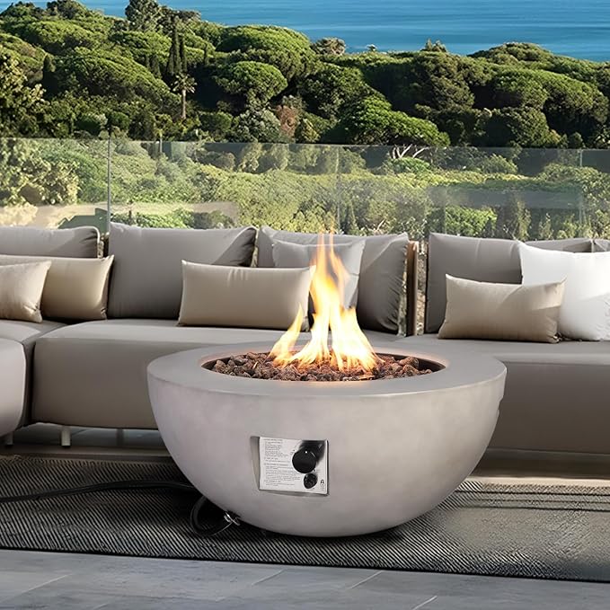 31.5" Round Propane Fire Pit Table,50,000 BTU Outdoor Concrete Gas Firepit with Lava Rocks & Rain Cover,Modern Patio Coffee Table for Backyard and Deck