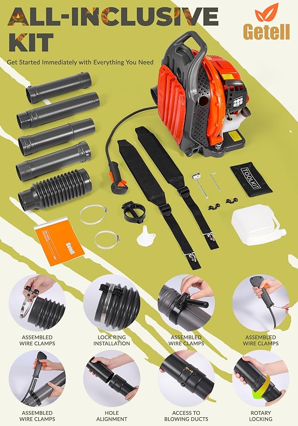 Getell Gas Powered Backpack Leaf Blower – 65CC 2-Stroke Engine, 850 CFM & 220 MPH for Heavy Duty Commercial Lawn Care, Wet Leaf & Debris Removal (GT3672)