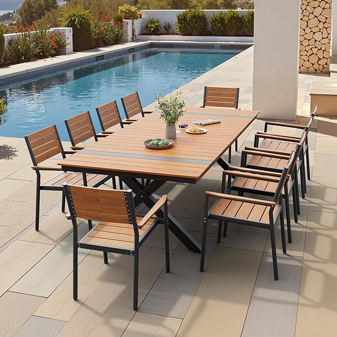 Pellebant 94" Outdoor Dining Table for 6-10, Aluminum Patio Dining Table with Umbrella Hole, Waterproof Wood-Like Tabletop for Lawn Garden Backyard, Brown