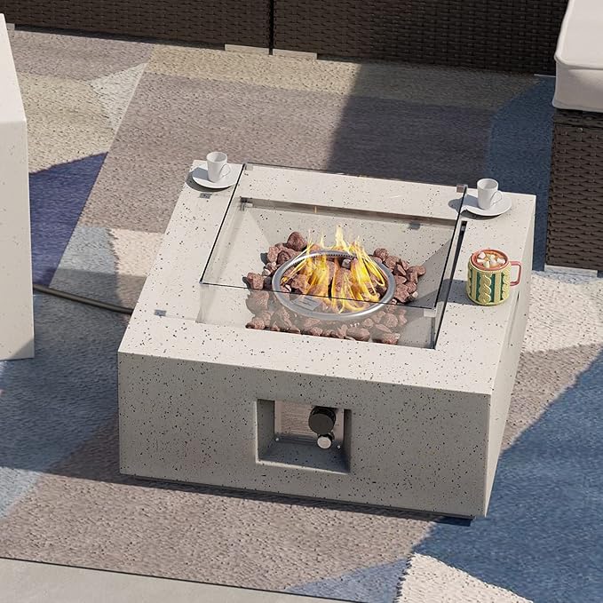 SUNBURY Outdoor 28 Inch Propane Fire Pit Table, Square Fire Table w Glass Wind Guard, 40,000 BTU Spotted White Patio Gas Fire Table Waterproof Cover, Lava Rocks