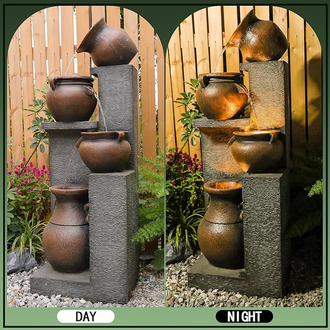Bumilgar 53" H Large Outdoor Water Fountain with Lights - 4 Tiered Cascading Bowls Waterfall Fountain for Garden, Patio, Backyard, Porch Inside - Freestanding Outdoor Water Feature Gold