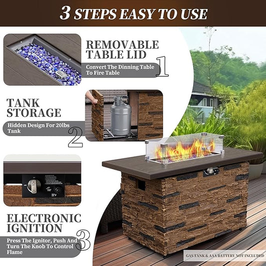 PIZZELLO 43” Propane Fire Pit Table Outdoor Rectangular Stone Firepit Table 50,000 Btu Propane Fire Tables for Outside Patio with Glass Wind Guard, Lid, Fire Glass Beads,Brown Rock Look