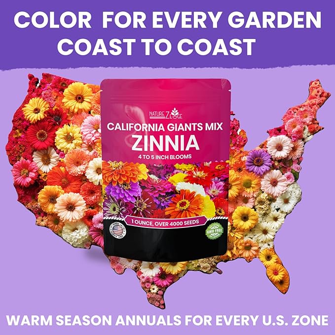 NatureZ Edge Zinnia Seeds for 2025 Planting Outdoors, Over 4000 Flower Seeds, 1 Oz, Non GMO Made in USA, Bulk Semillas De Flores para Sembrar, California Giants, Easy to Grow Zinnia Seed Mix