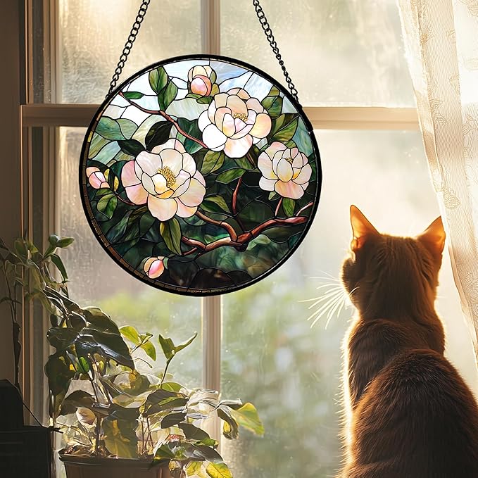 AMDERVEN Stained Glass Suncatcher, Light Pink Flowers Green Leaf Sun Catcher Plant Stain Glass Window Hanging Decoration Mother's Day Birthday Gifts for Women Men Mom Nana 15 in