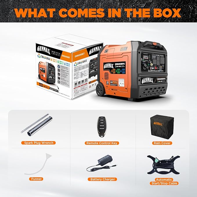 GENMAX 6250w Tri-Fuel Silent Inverter Generator(2026Model)Features 2-Wire Auto Start/Stop,bluetooth APP Control,CO Sensor,Digital Display&50A Outlet-Ideal for Home Backup&Camping Outdoor,EPA Compliant