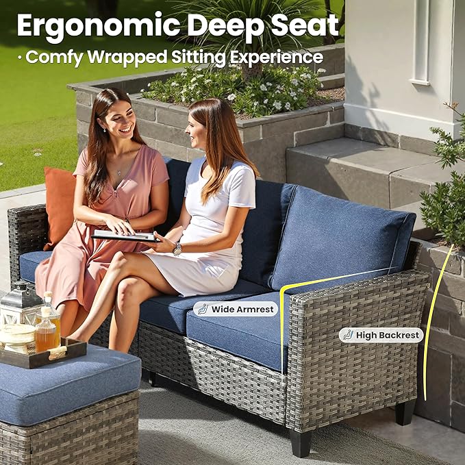 ovios 6 Pieces Patio Furniture Set, Outdoor Wicker Sofa Couch with Rocking Swivel Chairs Comfy Cushions, Modern Deep Seat Rattan Conversation Sets for Porch Deck, Denim Blue