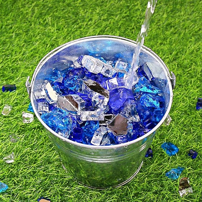 Fire Glass for Fire Pit - 1/2 Inch 10 Pounds High Luster Reflective Tempered Glass Rocks for Natural or Propane Fireplace, Safe for Outdoors and Indoors Bahama Blend Fire Pit Glass
