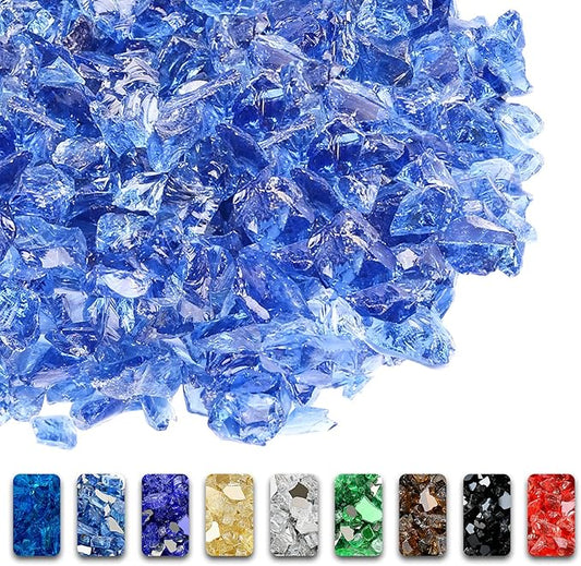 GRISUN Pacific Ocean Blue Fire Glass for Fire Pit, 10 Pounds 1/2 Inch Tempered Glass Rocks for Natural or Propane Fireplace, Safe for Outdoors and Indoors Firepit Glass