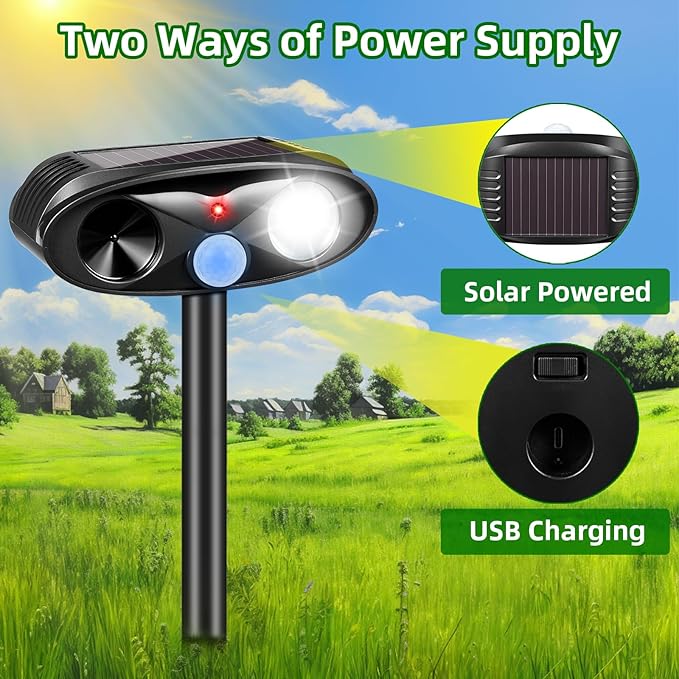 Upgraded Solar Animal Repellent Outdoor Deer Repellent Devices Cat Deterrent with Motion Sensor & Flashing Light,Ultrasonic Control for Squirrel Raccoon Dog Rabbit Skunk for Yard Garden, 2 Pack Black