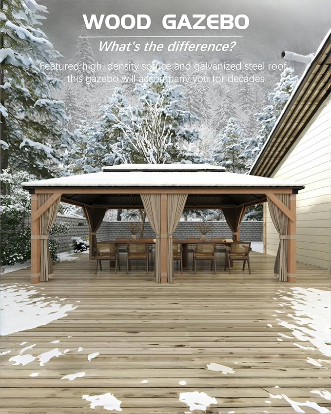 GarveeLife Hardtop Wood Gazebo 12 ft x16 ft for All Weather, with Double Metal Roof, Heavy Duty Wooden Frame, Net, and Curtain, Permanent Building for Patio, Deck, Backyard, Lawn, and Garden, Khaki