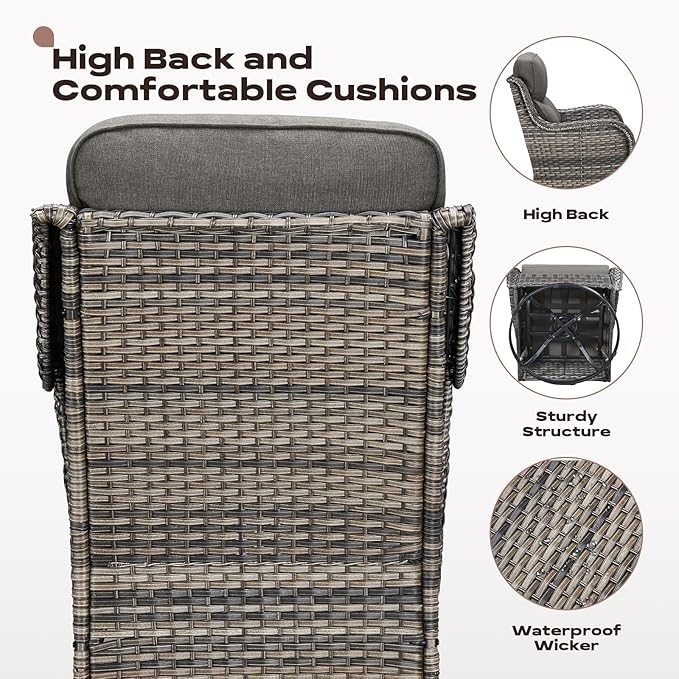 Rilyson Wicker Outdoor Patio Furniture Set - 4 Piece Patio Conversation Set with Swivel Rocker Chairs and Ottomans, 6 inch Cushions, High Back, Deep Seating, for Porch Deck Garden Mixed Grey/Grey