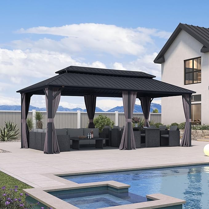 PURPLE LEAF 10' X 20' Permanent Hardtop Gazebo Aluminum Frame with Galvanized Steel Double Vented Roof Includes Removable Netting and Curtains with Hooks for Garden Patio Lawns Grey