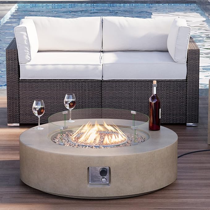 HOMPUS Outdoor Round Propane Fire Pit Table, 41''Fire Table w Wind Guard, 50000 BTU Fire Pit w Free Waterproof Cover & Fire Stone for Patio, Garden, Grey
