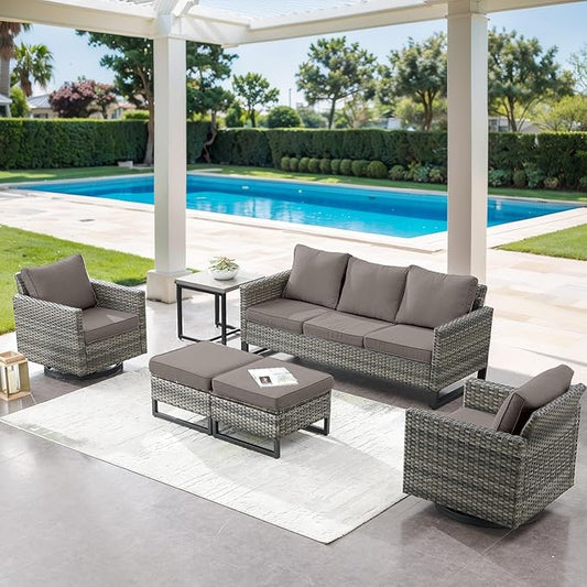 6 Piece Wicker Patio Furniture Set - Outdoor Swivel Rocker Chairs Set with Side Table, 3 Seat Sofa and Ottomans, Small Patio Conversation Sets Proch Furniture for Balcony Deck - Grey/Grey