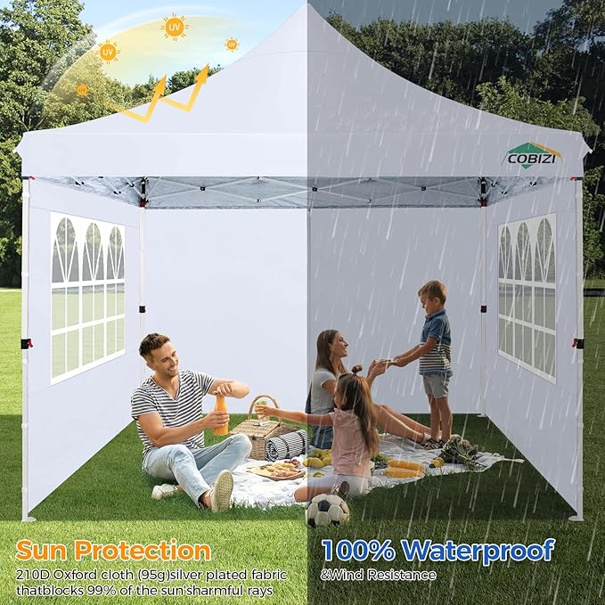 COBIZI 10x10ft Pop Up Canopy with 4 Removable Sidewalls, Easy Up Commercial Gazebos, Waterproof and UV50+ Gazebo with Portable Bag, Adjustable Leg Heights, Tents for Parties, with 4 sandbags