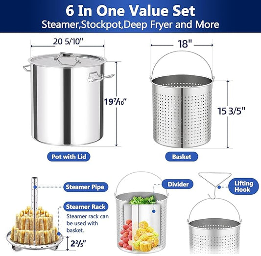ARC 100QT Stainless Steel Pot with 200,000 BTU Propane Burner - Seafood Boil Pot, Crab Boil Pot, Lobster Pot, Shrimp Boil Pot, Tamale Steamer Pot with Basket and Turkey Fryer Burner